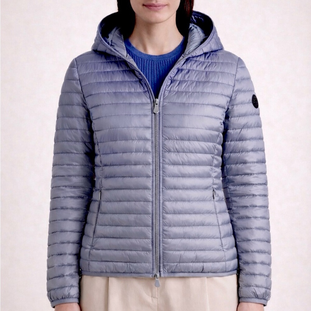 Save The Duck Alexa Italian Minimalist Continuous-Zip Hood Puffer Sz M Ice blue